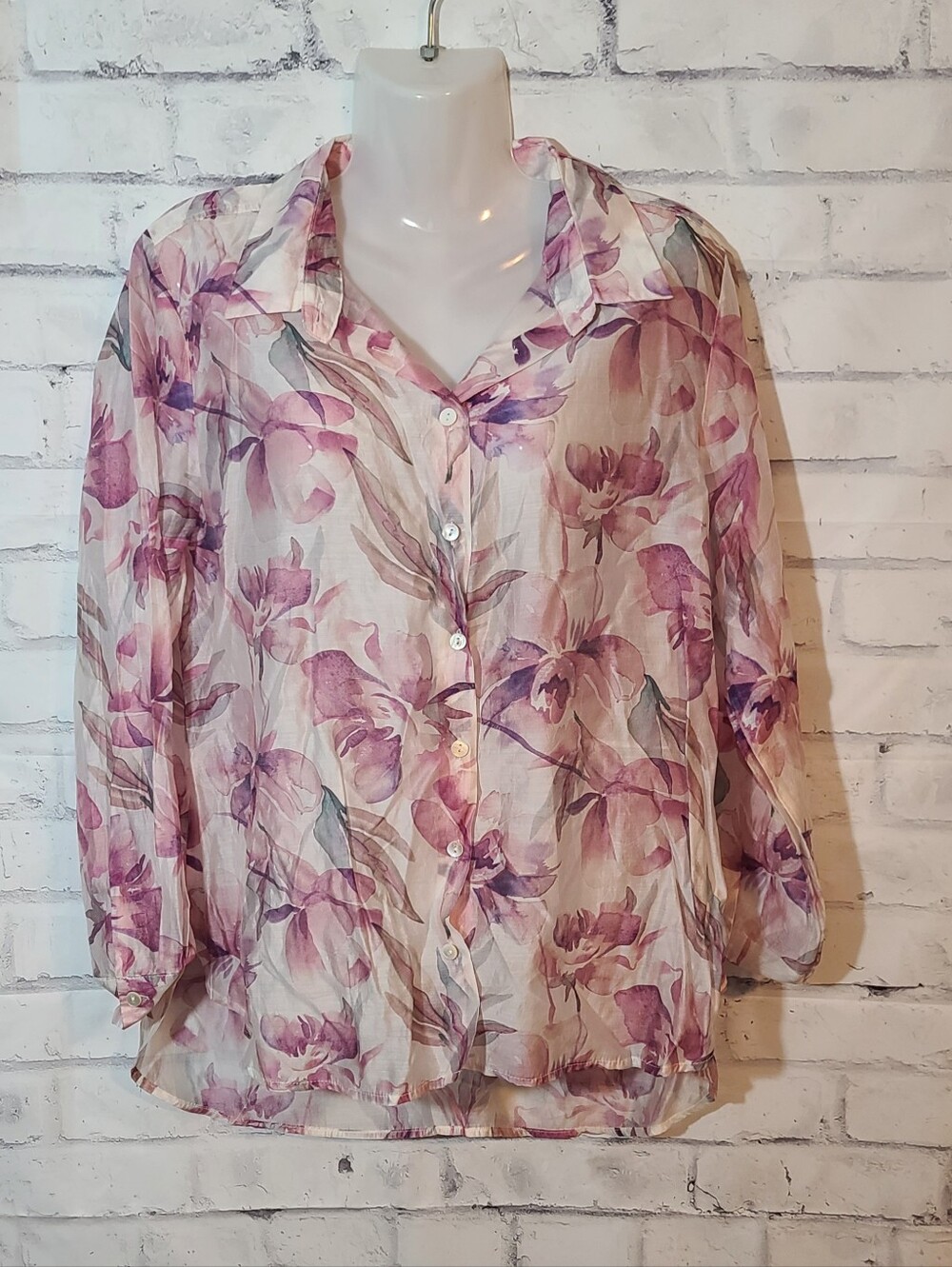 Bailey 44 Sheer Chiffon Floral Collared Button-Up Blouse Long Sleeve L